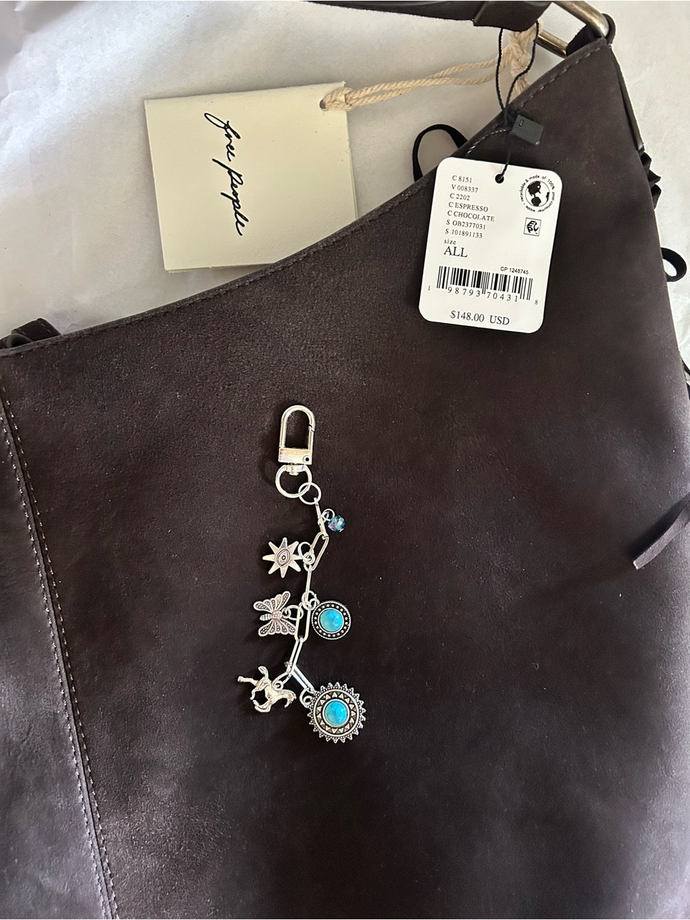 NWT Free People Finn Suede Fringe Shoulder Bag w/ Included Bag Charm - Picture 6 of 16